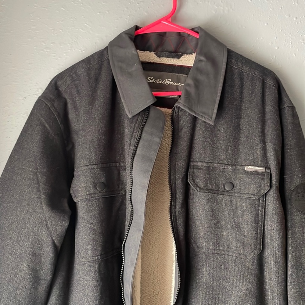 Eddie Bauer flannel shirt jacket faux shearling lined size L